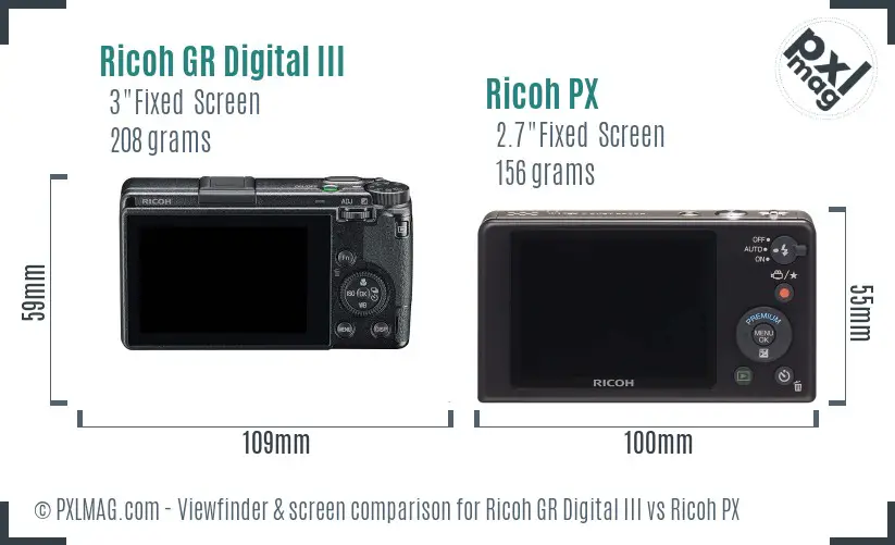 Ricoh GR Digital III vs Ricoh PX Screen and Viewfinder comparison