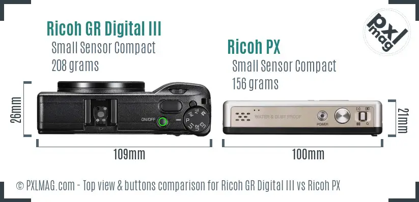 Ricoh GR Digital III vs Ricoh PX top view buttons comparison