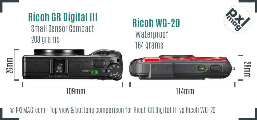 Ricoh GR Digital III vs Ricoh WG-20 top view buttons comparison