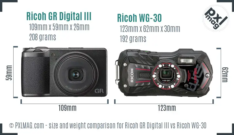 Ricoh GR Digital III vs Ricoh WG-30 size comparison