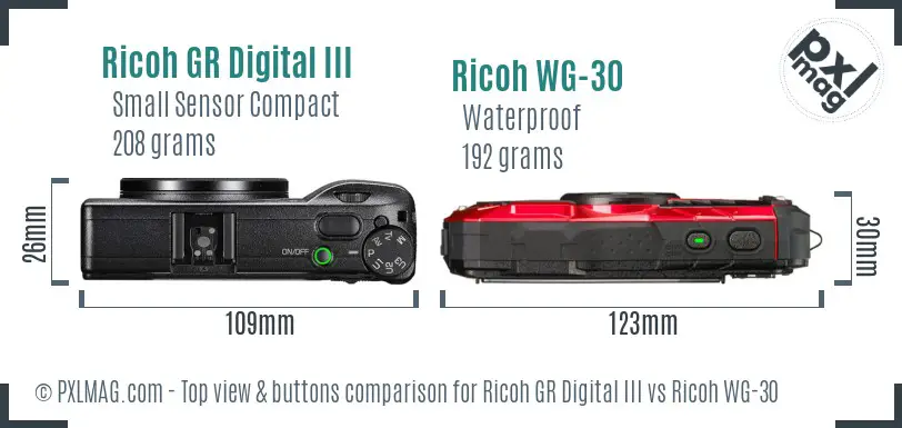 Ricoh GR Digital III vs Ricoh WG-30 top view buttons comparison
