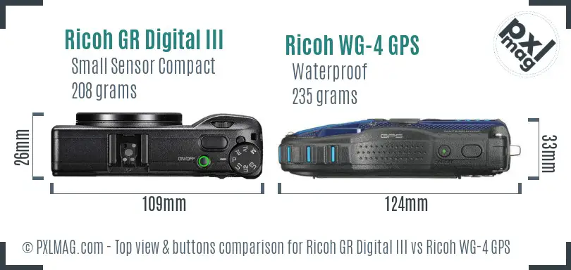 Ricoh GR Digital III vs Ricoh WG-4 GPS top view buttons comparison