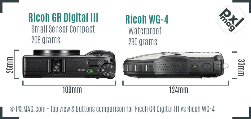 Ricoh GR Digital III vs Ricoh WG-4 top view buttons comparison