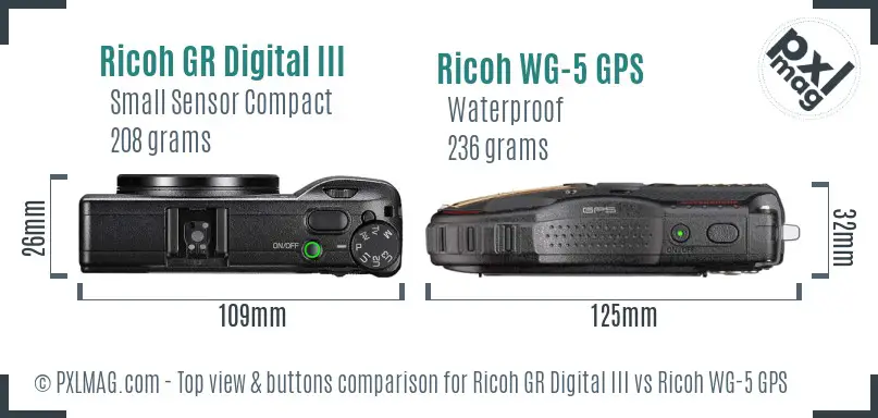 Ricoh GR Digital III vs Ricoh WG-5 GPS top view buttons comparison