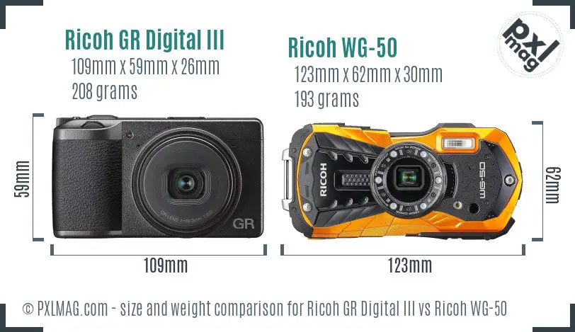 Ricoh GR Digital III vs Ricoh WG-50 size comparison