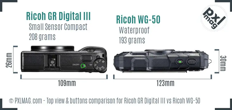 Ricoh GR Digital III vs Ricoh WG-50 top view buttons comparison