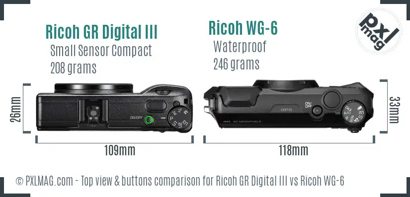 Ricoh GR Digital III vs Ricoh WG-6 top view buttons comparison