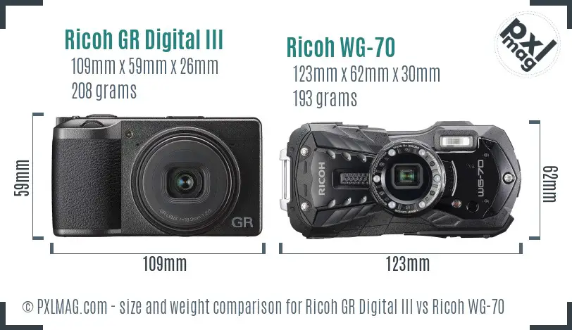 Ricoh GR Digital III vs Ricoh WG-70 size comparison