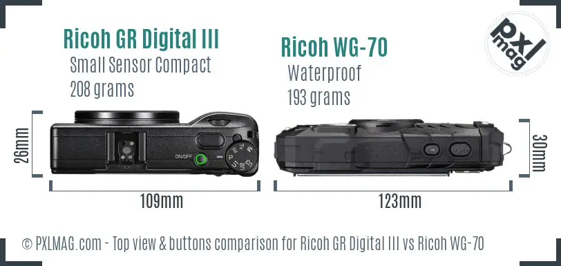 Ricoh GR Digital III vs Ricoh WG-70 top view buttons comparison
