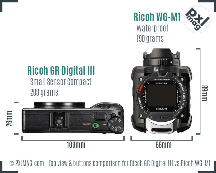 Ricoh GR Digital III vs Ricoh WG-M1 top view buttons comparison