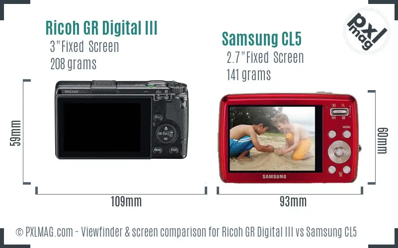 Ricoh GR Digital III vs Samsung CL5 Screen and Viewfinder comparison