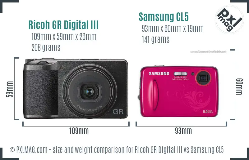 Ricoh GR Digital III vs Samsung CL5 size comparison
