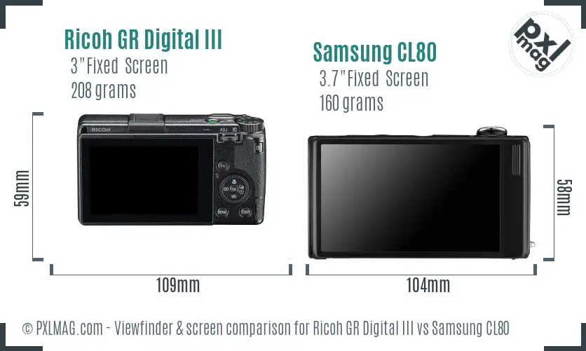 Ricoh GR Digital III vs Samsung CL80 Screen and Viewfinder comparison