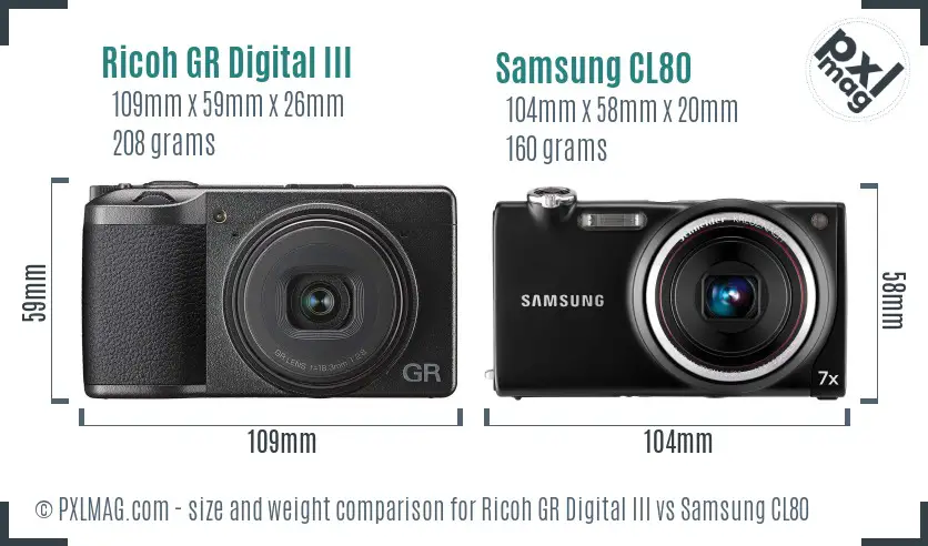 Ricoh GR Digital III vs Samsung CL80 size comparison