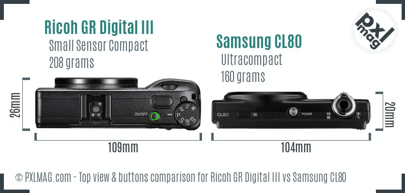 Ricoh GR Digital III vs Samsung CL80 top view buttons comparison
