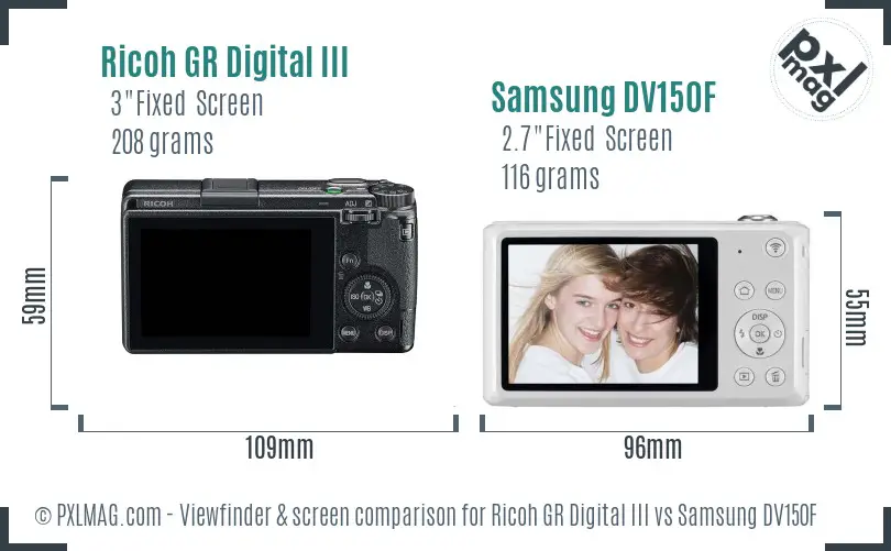 Ricoh GR Digital III vs Samsung DV150F Screen and Viewfinder comparison