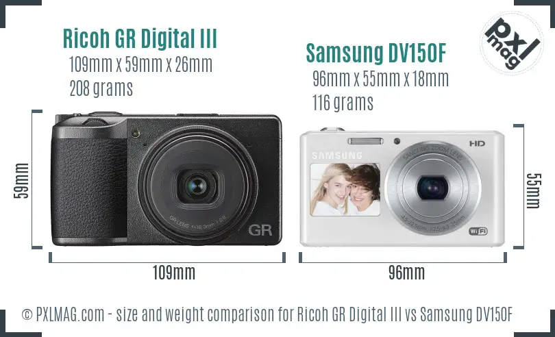 Ricoh GR Digital III vs Samsung DV150F size comparison