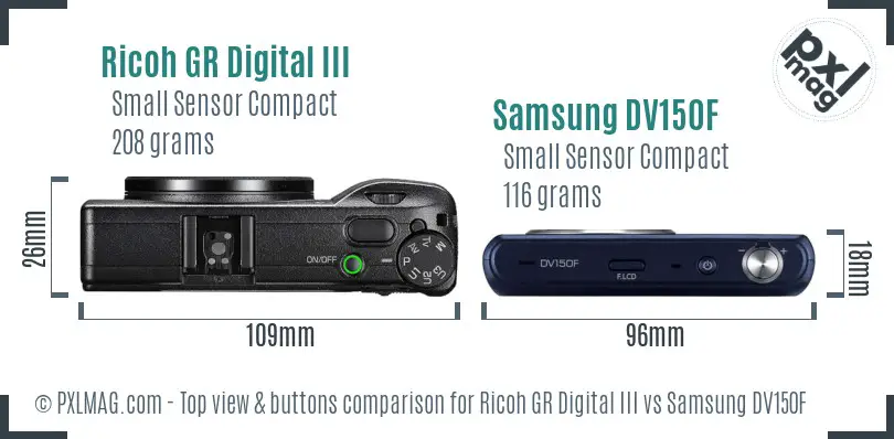 Ricoh GR Digital III vs Samsung DV150F top view buttons comparison