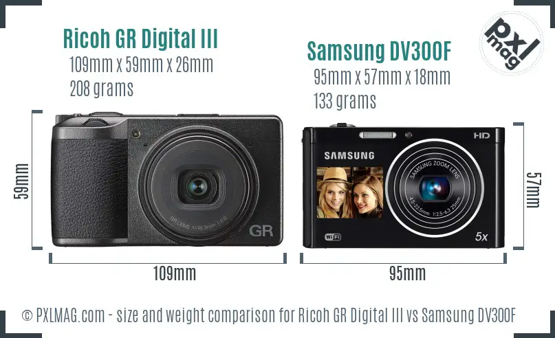 Ricoh GR Digital III vs Samsung DV300F size comparison
