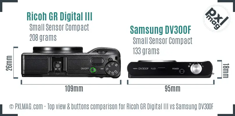 Ricoh GR Digital III vs Samsung DV300F top view buttons comparison