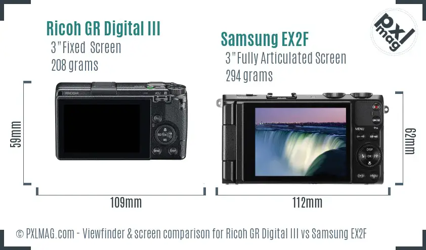 Ricoh GR Digital III vs Samsung EX2F Screen and Viewfinder comparison