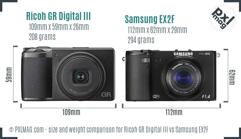 Ricoh GR Digital III vs Samsung EX2F size comparison