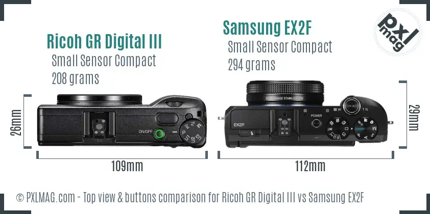 Ricoh GR Digital III vs Samsung EX2F top view buttons comparison