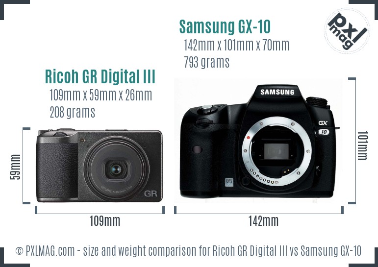 Ricoh GR Digital III vs Samsung GX-10 size comparison
