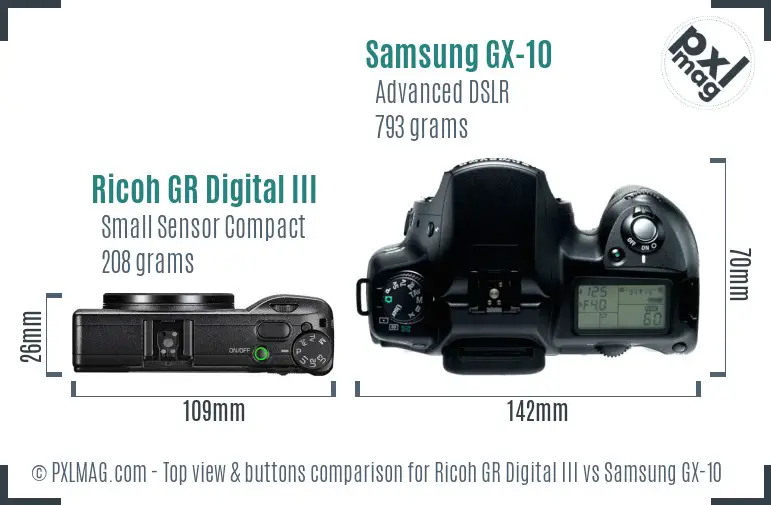 Ricoh GR Digital III vs Samsung GX-10 top view buttons comparison