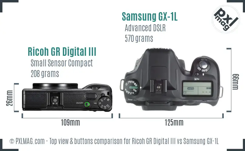 Ricoh GR Digital III vs Samsung GX-1L top view buttons comparison