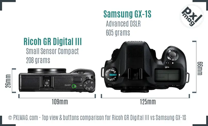 Ricoh GR Digital III vs Samsung GX-1S top view buttons comparison