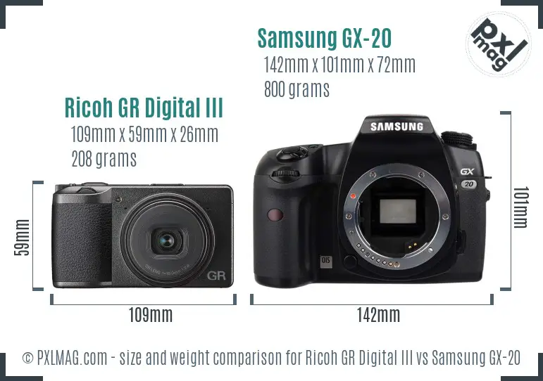 Ricoh GR Digital III vs Samsung GX-20 size comparison