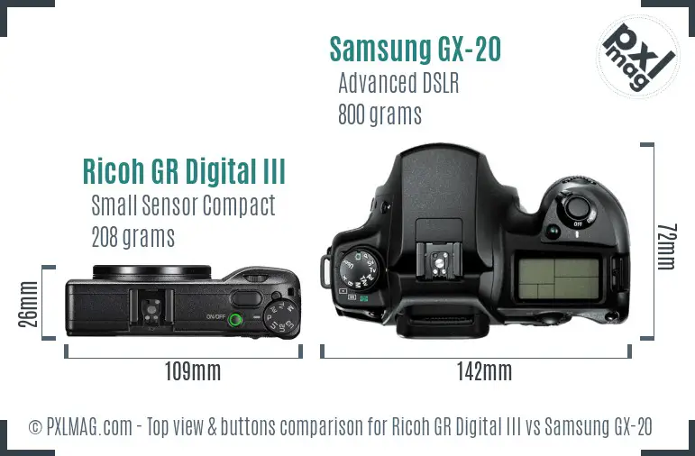 Ricoh GR Digital III vs Samsung GX-20 top view buttons comparison