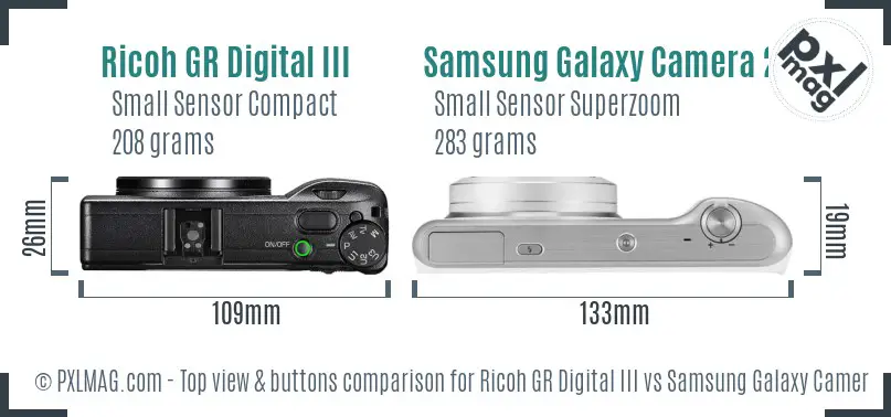 Ricoh GR Digital III vs Samsung Galaxy Camera 2 top view buttons comparison
