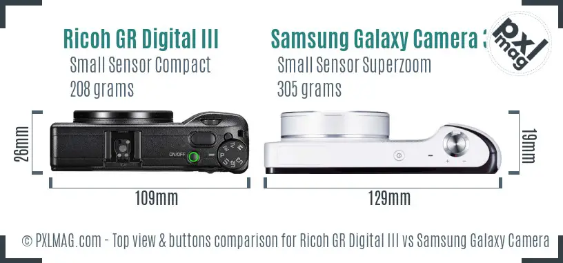 Ricoh GR Digital III vs Samsung Galaxy Camera 3G top view buttons comparison