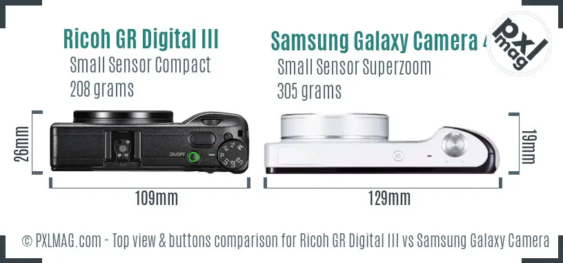 Ricoh GR Digital III vs Samsung Galaxy Camera 4G top view buttons comparison