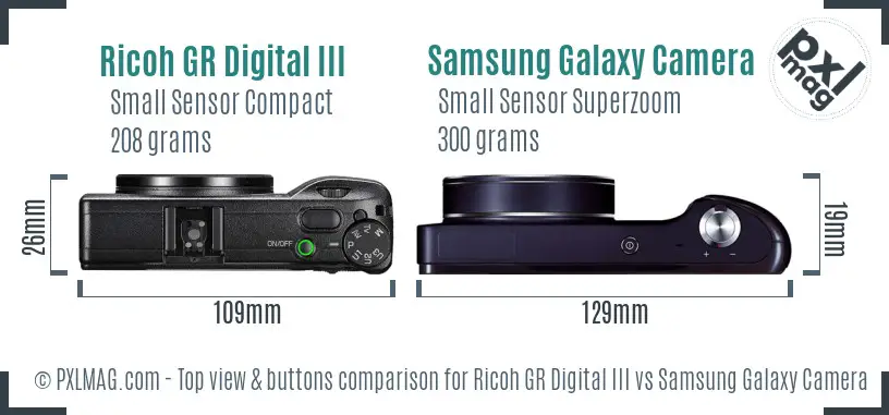 Ricoh GR Digital III vs Samsung Galaxy Camera top view buttons comparison