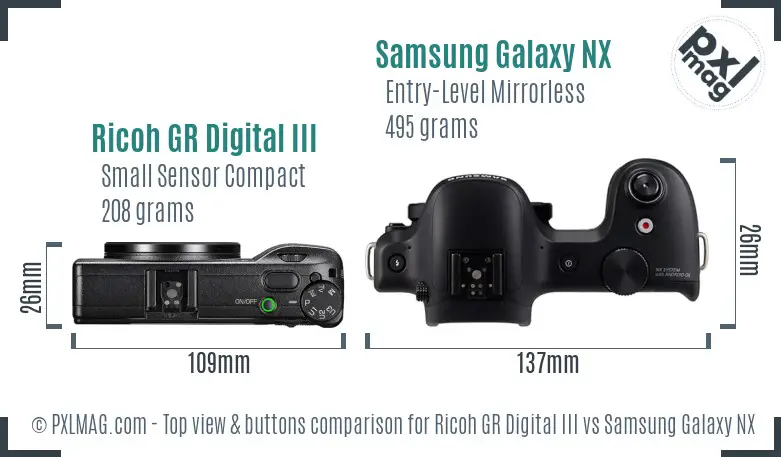 Ricoh GR Digital III vs Samsung Galaxy NX top view buttons comparison