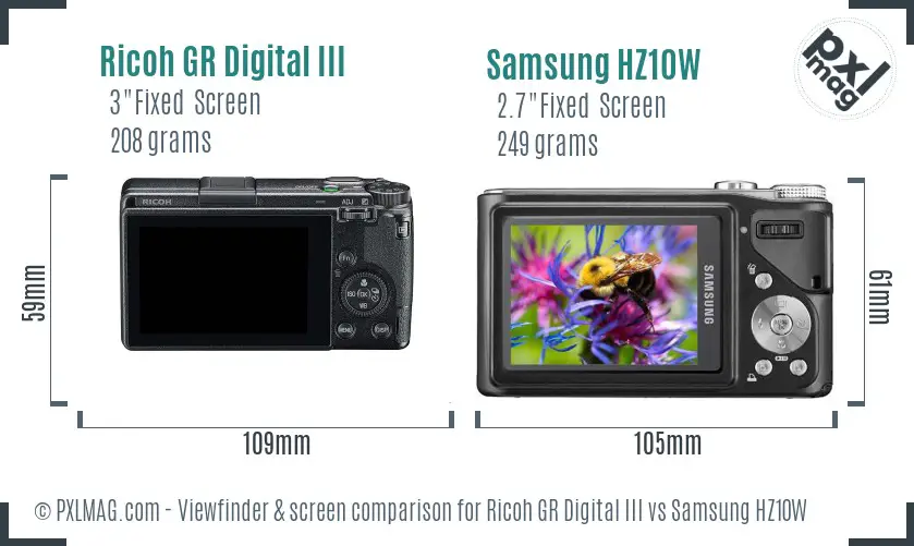 Ricoh GR Digital III vs Samsung HZ10W Screen and Viewfinder comparison
