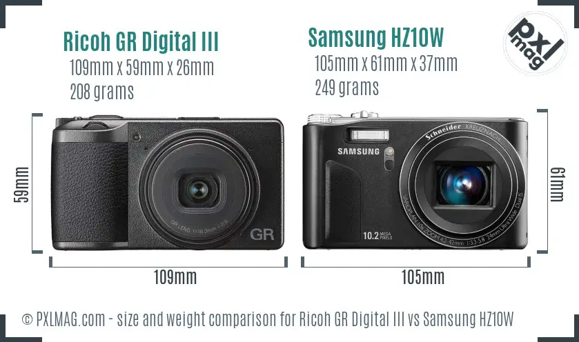 Ricoh GR Digital III vs Samsung HZ10W size comparison