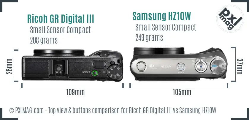 Ricoh GR Digital III vs Samsung HZ10W top view buttons comparison