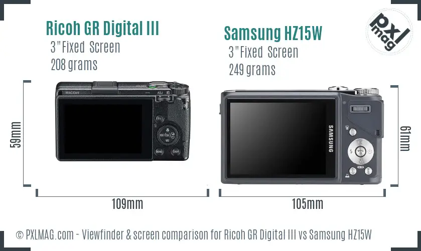 Ricoh GR Digital III vs Samsung HZ15W Screen and Viewfinder comparison