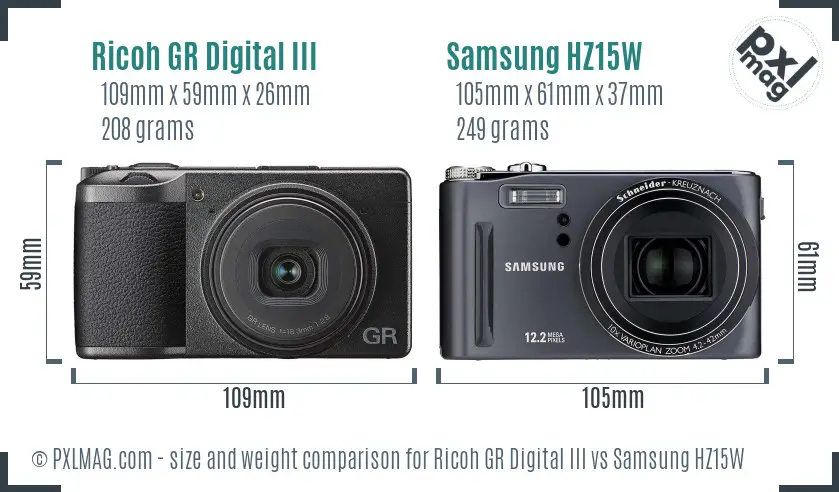 Ricoh GR Digital III vs Samsung HZ15W size comparison