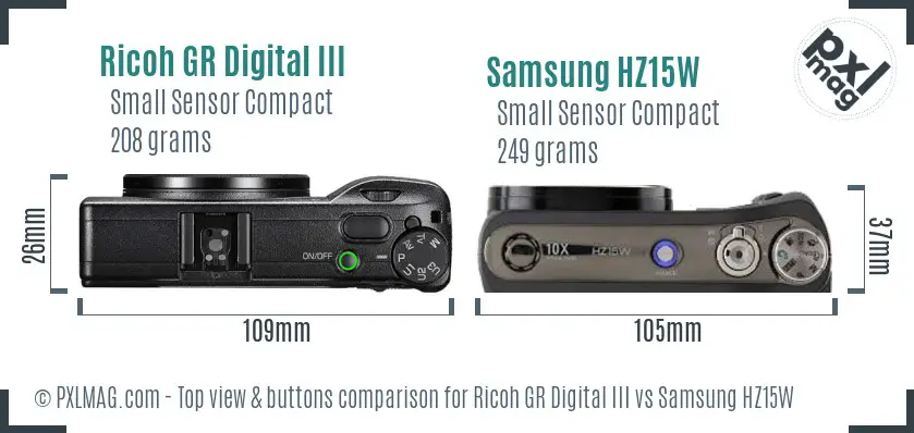 Ricoh GR Digital III vs Samsung HZ15W top view buttons comparison