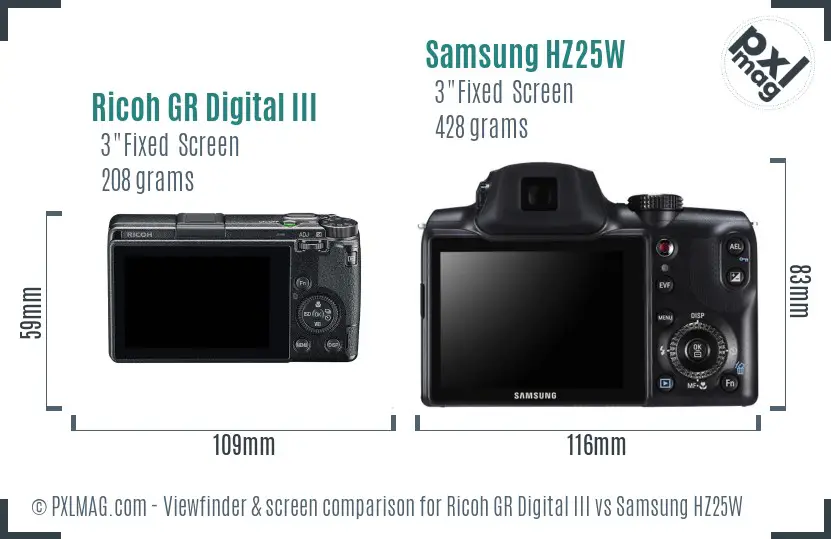 Ricoh GR Digital III vs Samsung HZ25W Screen and Viewfinder comparison