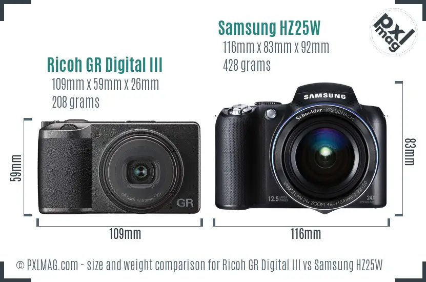 Ricoh GR Digital III vs Samsung HZ25W size comparison