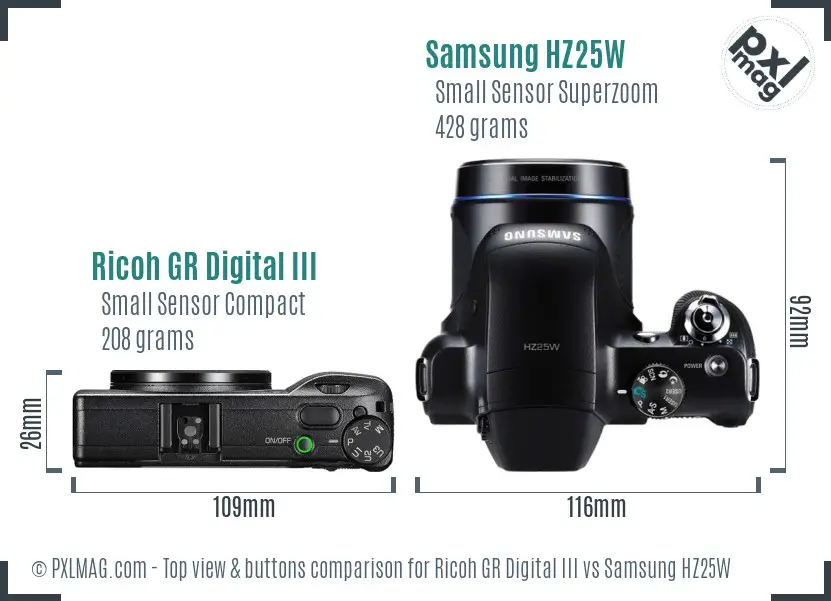 Ricoh GR Digital III vs Samsung HZ25W top view buttons comparison