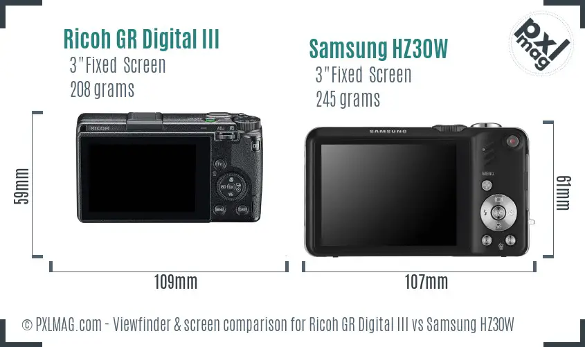Ricoh GR Digital III vs Samsung HZ30W Screen and Viewfinder comparison