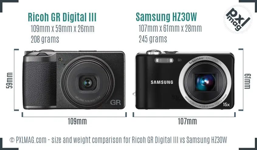 Ricoh GR Digital III vs Samsung HZ30W size comparison