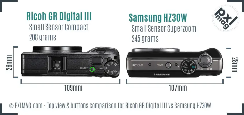 Ricoh GR Digital III vs Samsung HZ30W top view buttons comparison